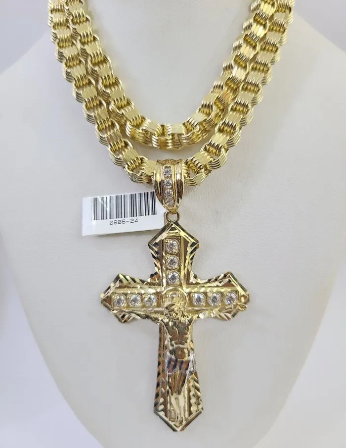 Necklaces Gold and Diamond 10k Gold Byzantine Necklace Jesus Cross Charm 2030 inches 6mm SET Chain Pendant