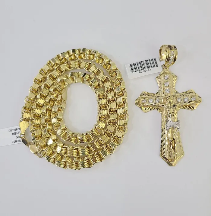 Necklaces Gold and Diamond 10k Gold Byzantine Necklace Jesus Cross Charm 2030 inches 6mm SET Chain Pendant