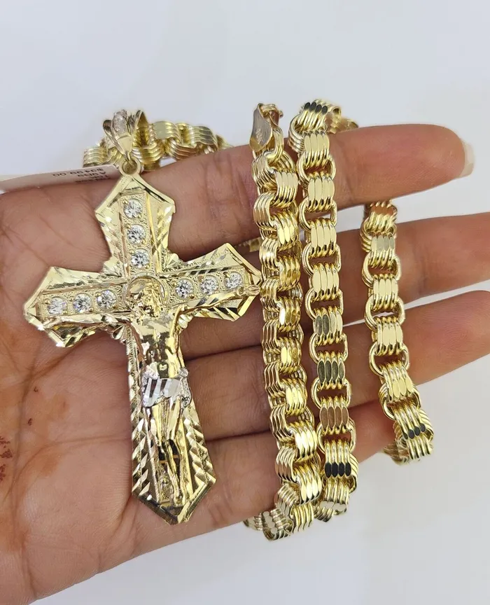 Necklaces Gold and Diamond 10k Gold Byzantine Necklace Jesus Cross Charm 2030 inches 6mm SET Chain Pendant