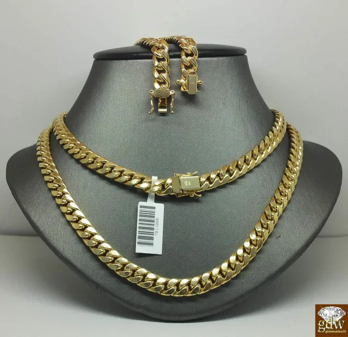 Necklaces Gold and Diamond Real 10K Yellow Gold Miami Cuban Chain Necklace 11mm 30 Box Clasp