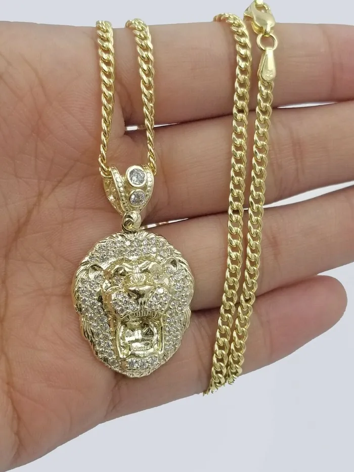 PreStyled Sets Gold and Diamond 10k Gold Charm Lion Head Pendant with Miami Cuban in 20 22 24 26 Inch Real Gold
