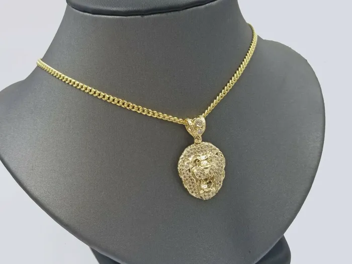 PreStyled Sets Gold and Diamond 10k Gold Charm Lion Head Pendant with Miami Cuban in 20 22 24 26 Inch Real Gold