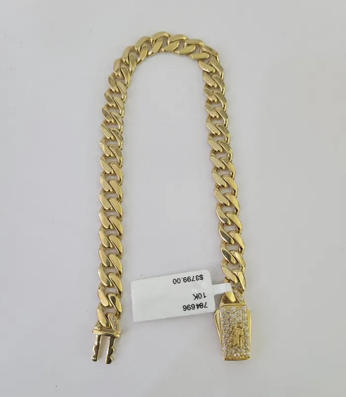 Real 10k Gold Monaco link Bracelet 7mm 7 8 10kt Men Women Box Clasp Genuine Gold and Diamond Bracelets