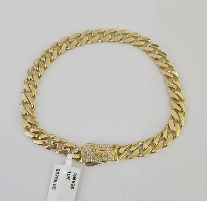 Real 10k Gold Monaco link Bracelet 7mm 7 8 10kt Men Women Box Clasp Genuine Gold and Diamond Bracelets