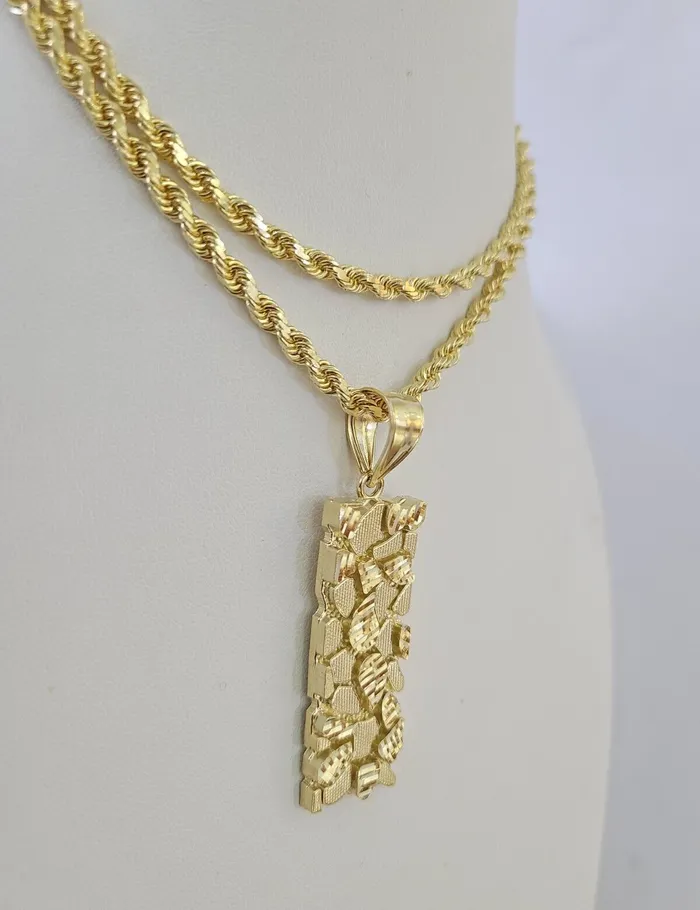 Real 10k Solid Rope Chain Nugget Charm Set 4mm 1830 Inch Necklace Yellow Gold Gold and Diamond Necklaces Real 10k Solid Rope Chain Nugget Charm Set 4mm 1830 Inch Necklace Yellow Gold Gold and Diamond Necklaces