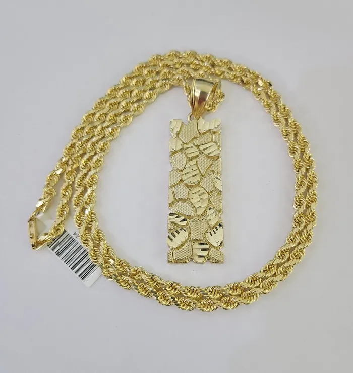 Real 10k Solid Rope Chain Nugget Charm Set 4mm 1830 Inch Necklace Yellow Gold Gold and Diamond Necklaces