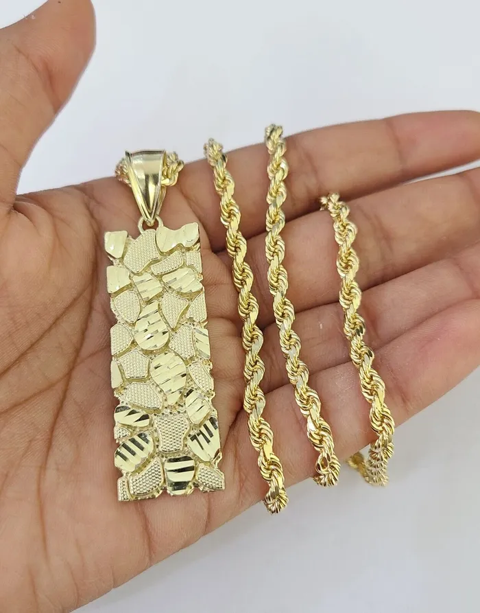 Real 10k Solid Rope Chain Nugget Charm Set 4mm 1830 Inch Necklace Yellow Gold Gold and Diamond Necklaces