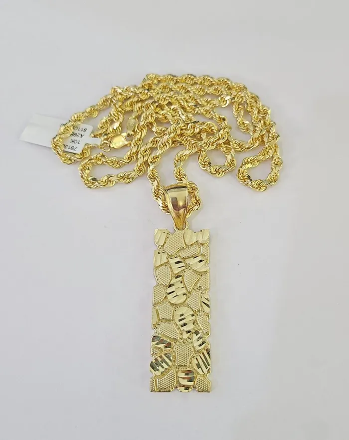 Real 10k Solid Rope Chain Nugget Charm Set 4mm 1830 Inch Necklace Yellow Gold Gold and Diamond Necklaces