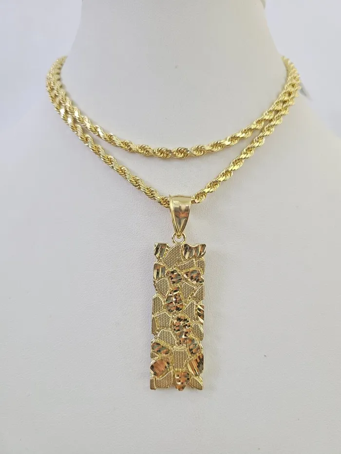 Real 10k Solid Rope Chain Nugget Charm Set 4mm 1830 Inch Necklace Yellow Gold Gold and Diamond Necklaces